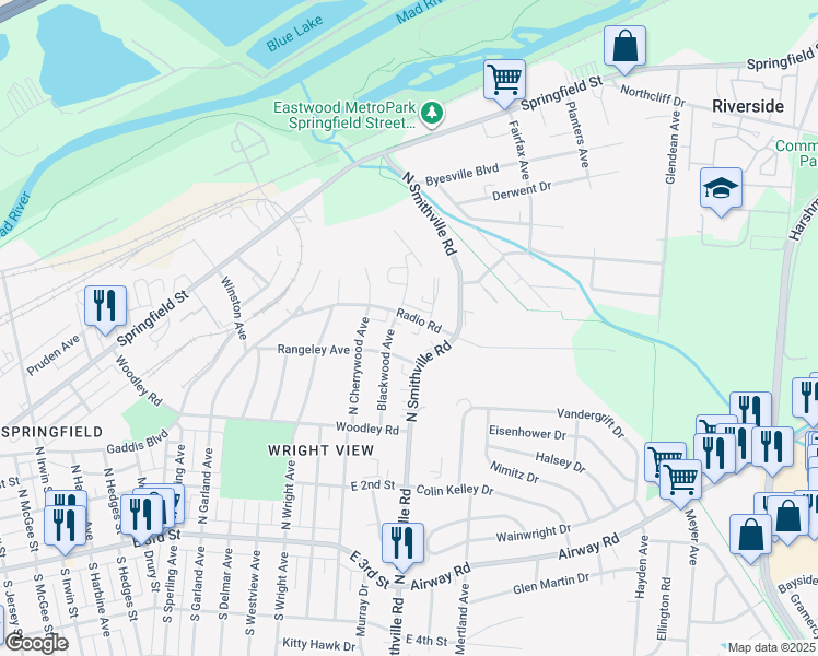 map of restaurants, bars, coffee shops, grocery stores, and more near 1709 Rangeley Avenue in Dayton