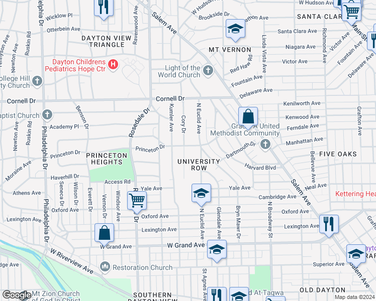 map of restaurants, bars, coffee shops, grocery stores, and more near 1348 Cory Drive in Dayton