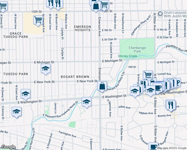 map of restaurants, bars, coffee shops, grocery stores, and more near 302 North Emerson Avenue in Indianapolis