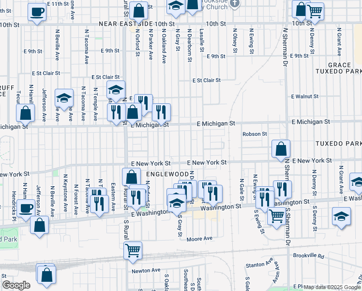 map of restaurants, bars, coffee shops, grocery stores, and more near 318 North Gray Street in Indianapolis