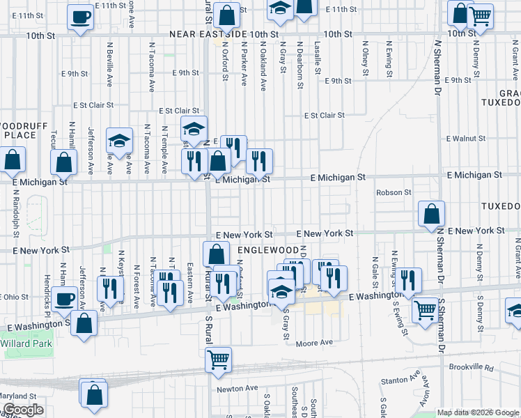 map of restaurants, bars, coffee shops, grocery stores, and more near 320 North Oakland Avenue in Indianapolis