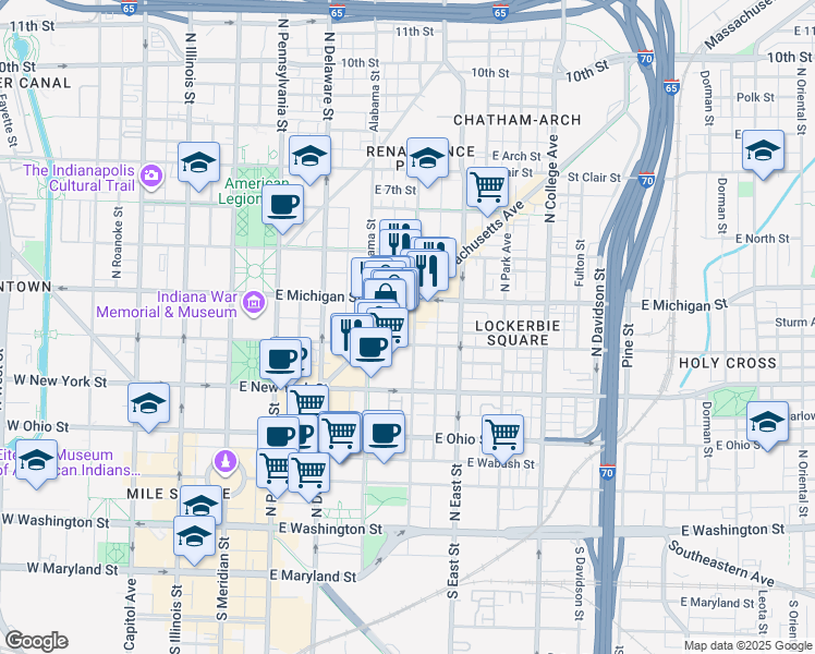 map of restaurants, bars, coffee shops, grocery stores, and more near in Indianapolis