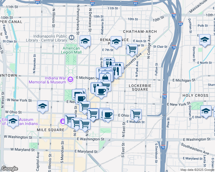 map of restaurants, bars, coffee shops, grocery stores, and more near in Indianapolis