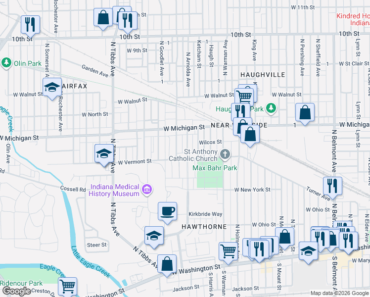 map of restaurants, bars, coffee shops, grocery stores, and more near 3026 West Vermont Street in Indianapolis