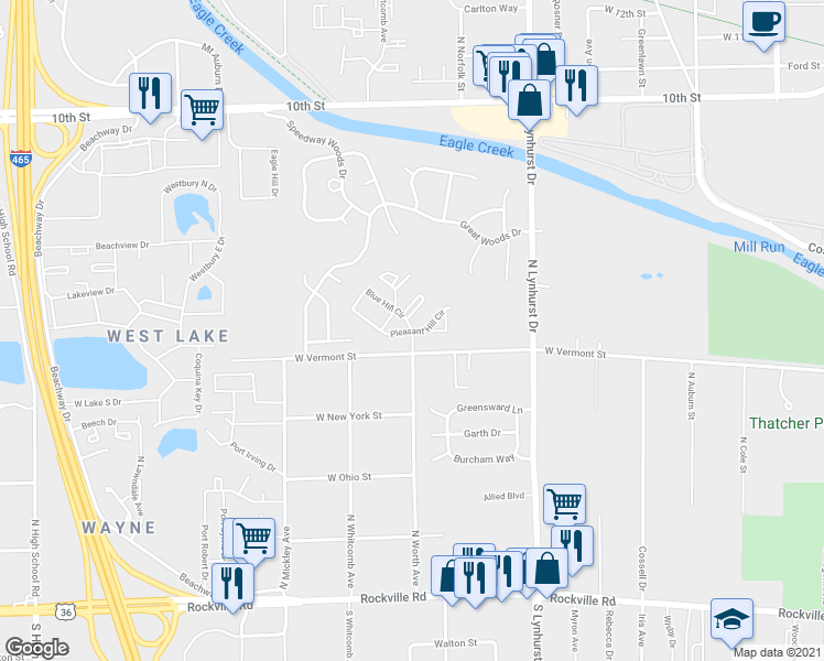 map of restaurants, bars, coffee shops, grocery stores, and more near 5438 West Vermont Street in Indianapolis