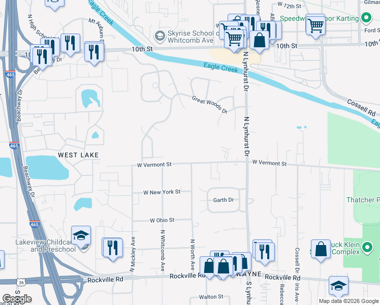 map of restaurants, bars, coffee shops, grocery stores, and more near 5500 Pleasant Hill Circle in Indianapolis