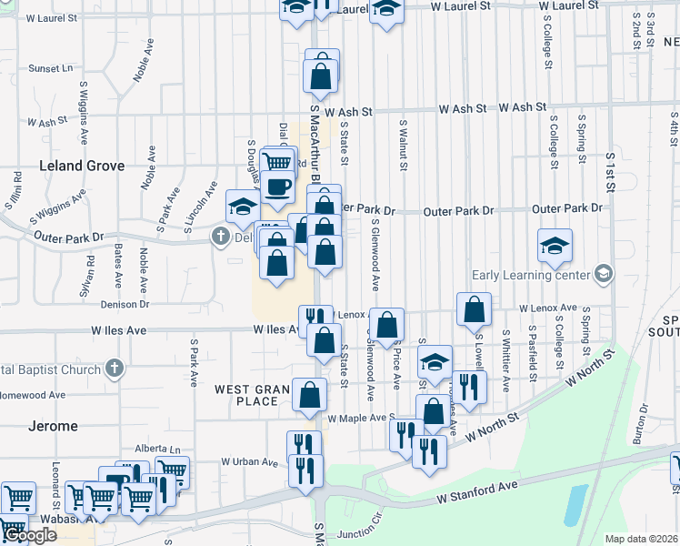 map of restaurants, bars, coffee shops, grocery stores, and more near 2513 South State Street in Springfield