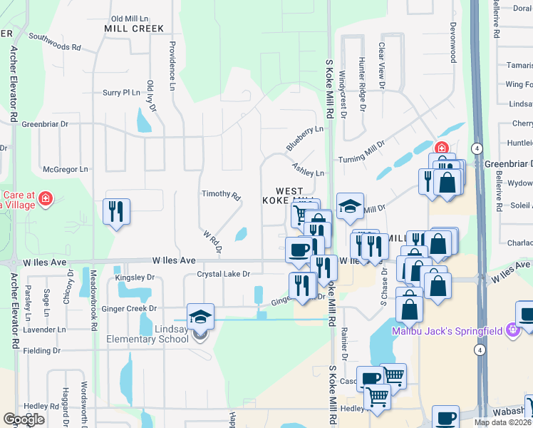 map of restaurants, bars, coffee shops, grocery stores, and more near 2308 Checkerberry Lane in Springfield