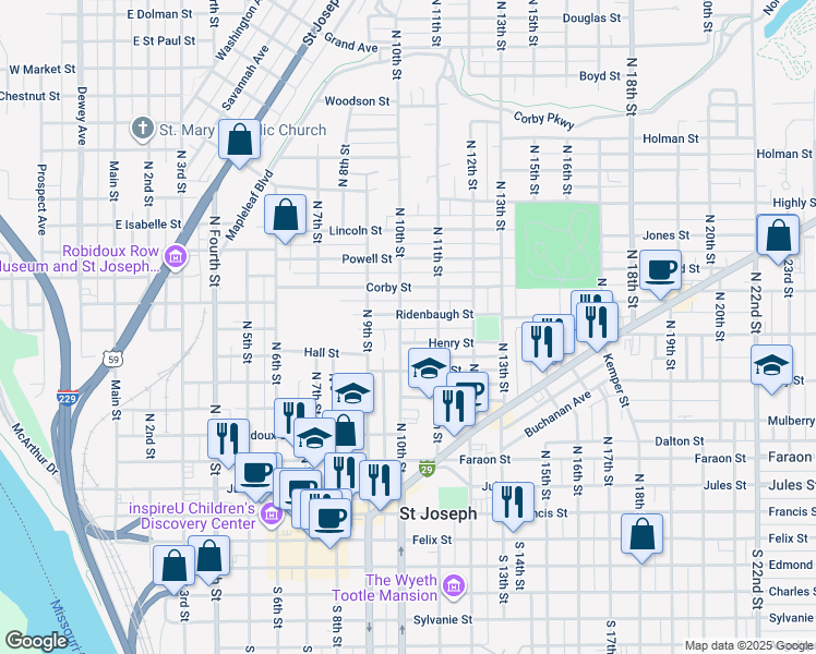 map of restaurants, bars, coffee shops, grocery stores, and more near 723 North 10th Street in Saint Joseph
