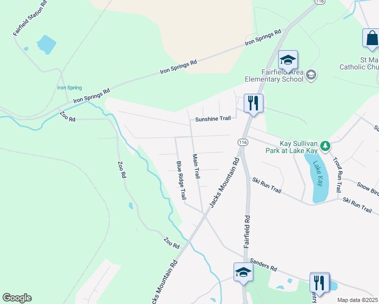 map of restaurants, bars, coffee shops, grocery stores, and more near 25 Main Trail in Fairfield