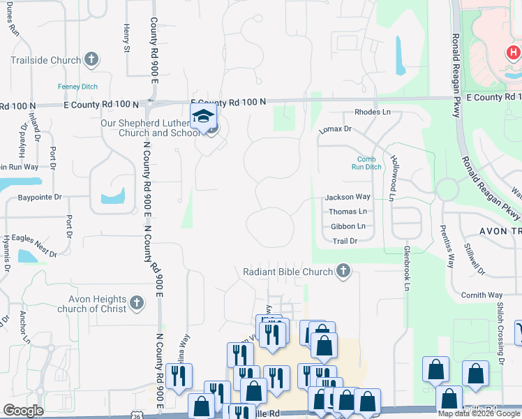 map of restaurants, bars, coffee shops, grocery stores, and more near 498 Creekwood Drive in Avon