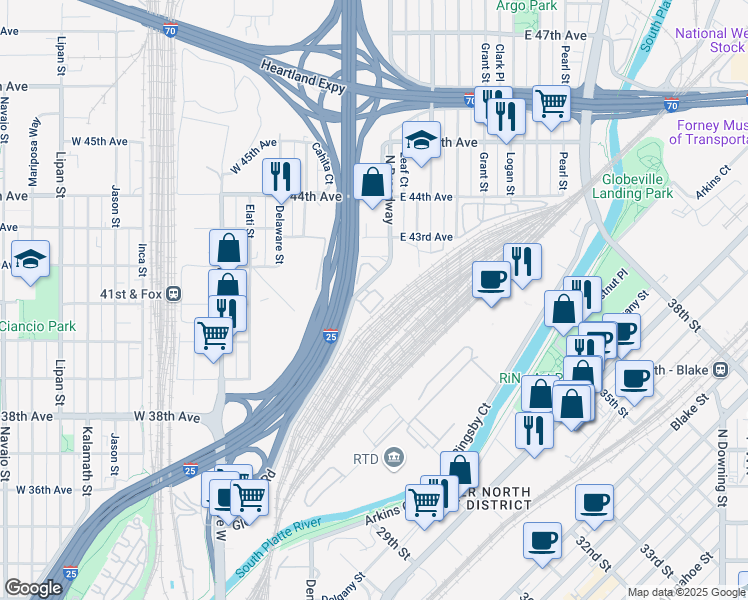 map of restaurants, bars, coffee shops, grocery stores, and more near 4100 Globeville Road in Denver