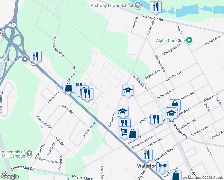 map of restaurants, bars, coffee shops, grocery stores, and more near 2308 Susan Court in Atco