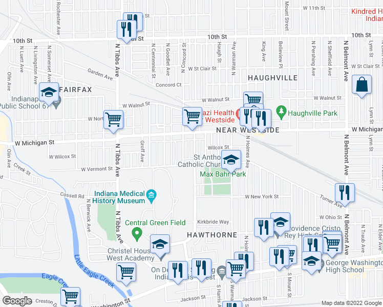 map of restaurants, bars, coffee shops, grocery stores, and more near 3026 West Vermont Street in Indianapolis