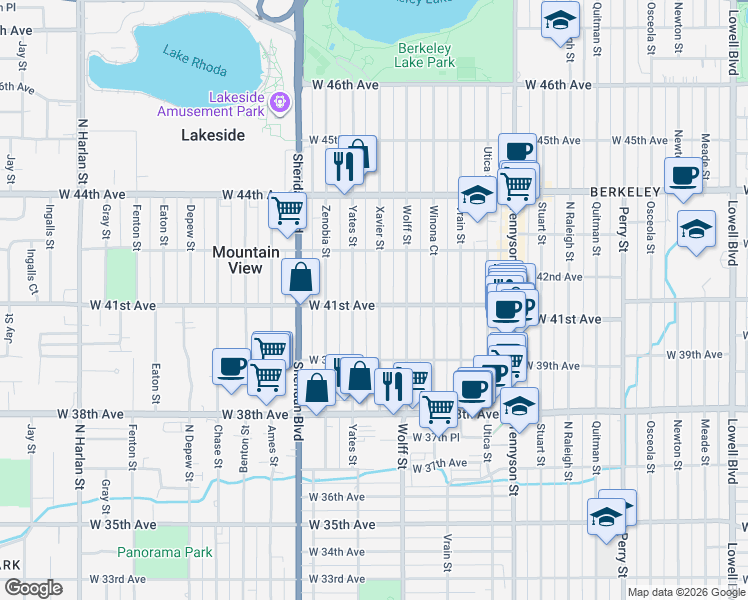 map of restaurants, bars, coffee shops, grocery stores, and more near 4107 Xavier Street in Denver