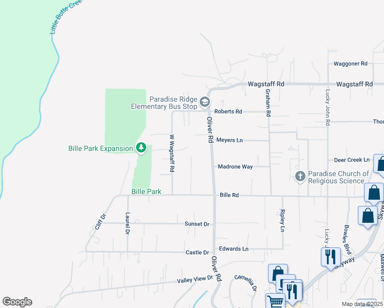 map of restaurants, bars, coffee shops, grocery stores, and more near 6282 Regis Road in Paradise