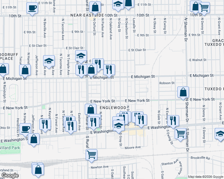 map of restaurants, bars, coffee shops, grocery stores, and more near 320 North Oakland Avenue in Indianapolis