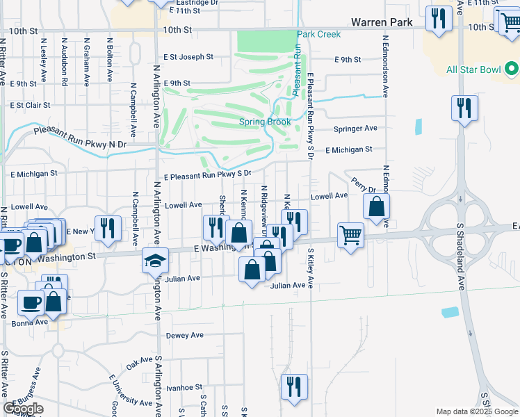 map of restaurants, bars, coffee shops, grocery stores, and more near 34 North Ridgeview Drive in Indianapolis