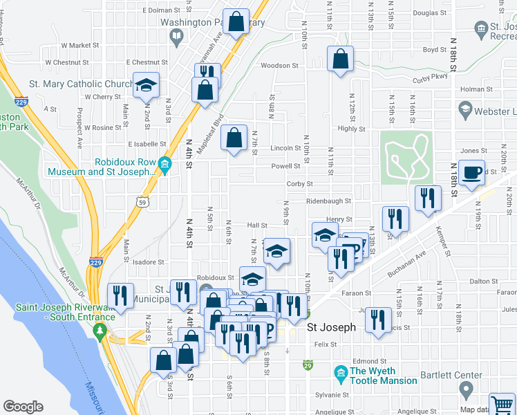 map of restaurants, bars, coffee shops, grocery stores, and more near 703 Hall Street in Saint Joseph