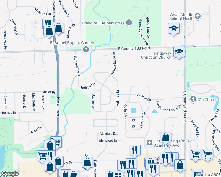 map of restaurants, bars, coffee shops, grocery stores, and more near 765 Abundance Lane in Avon