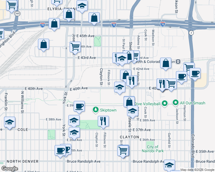 map of restaurants, bars, coffee shops, grocery stores, and more near in Denver