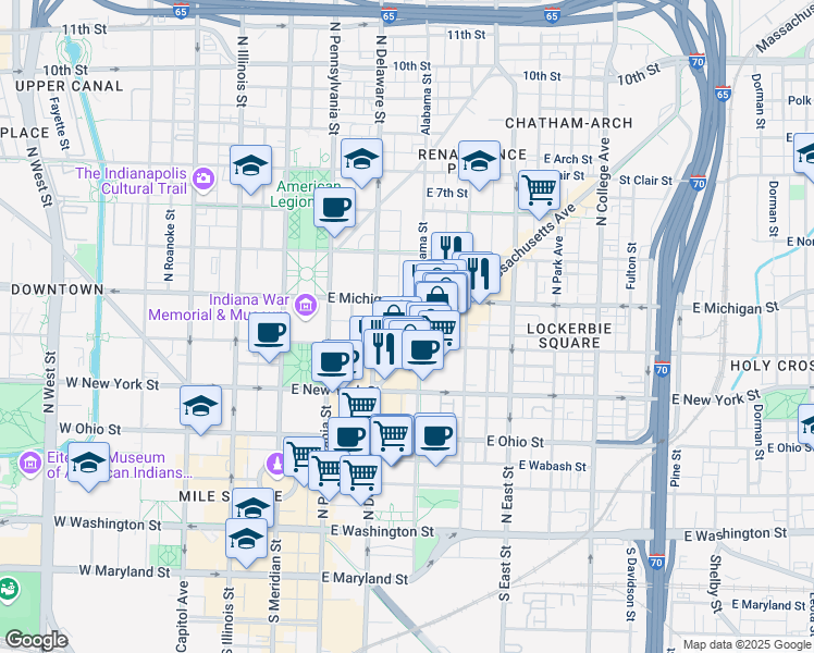 map of restaurants, bars, coffee shops, grocery stores, and more near 412 North Alabama Street in Indianapolis
