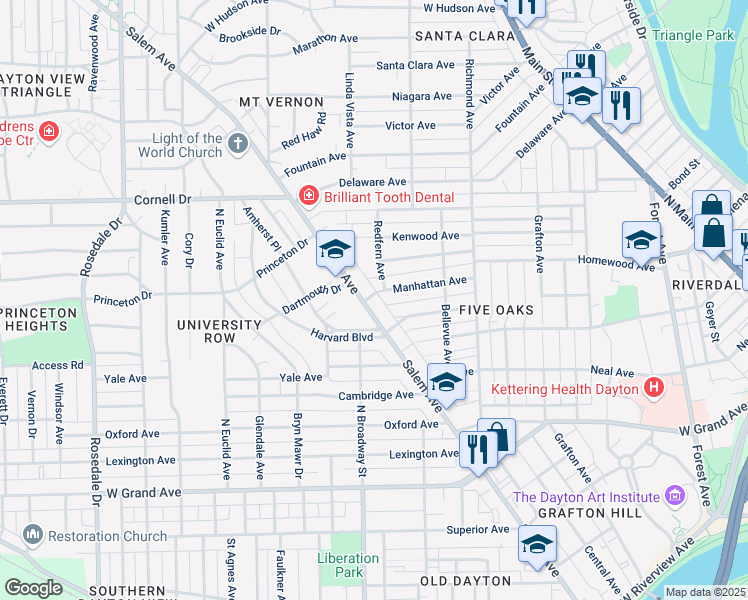 map of restaurants, bars, coffee shops, grocery stores, and more near 911 Salem Avenue in Dayton