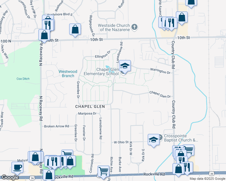 map of restaurants, bars, coffee shops, grocery stores, and more near 10112 Chapel Glen Drive in Indianapolis