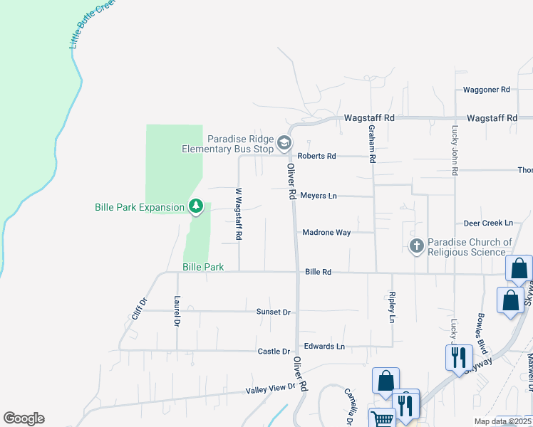 map of restaurants, bars, coffee shops, grocery stores, and more near 6282 Regis Road in Paradise