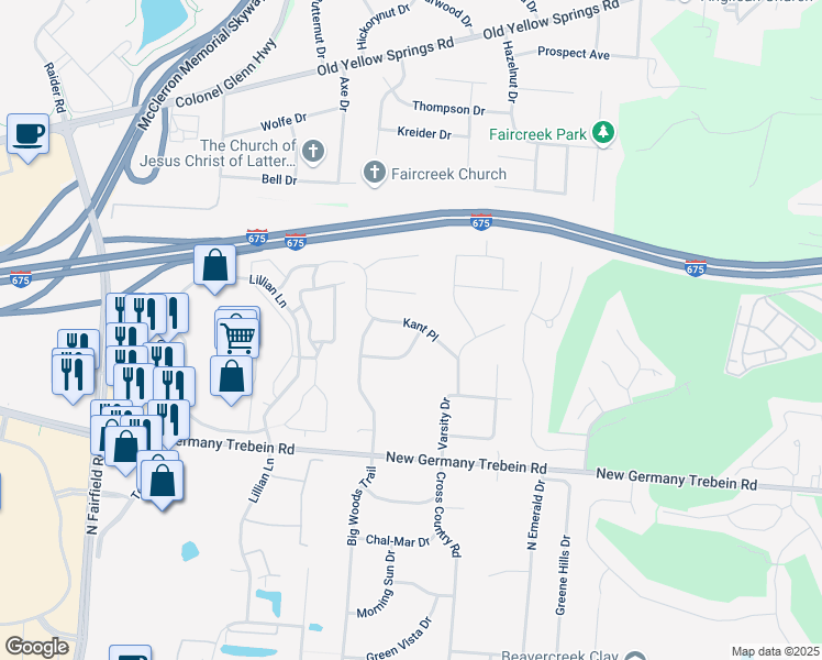 map of restaurants, bars, coffee shops, grocery stores, and more near 2958 Sassafras Lane in Beavercreek