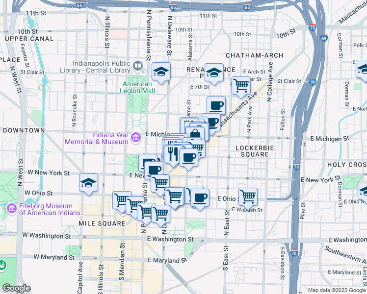 map of restaurants, bars, coffee shops, grocery stores, and more near 412 Alabama Street in Indianapolis