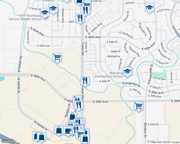 map of restaurants, bars, coffee shops, grocery stores, and more near 4105 Andes Court in Denver