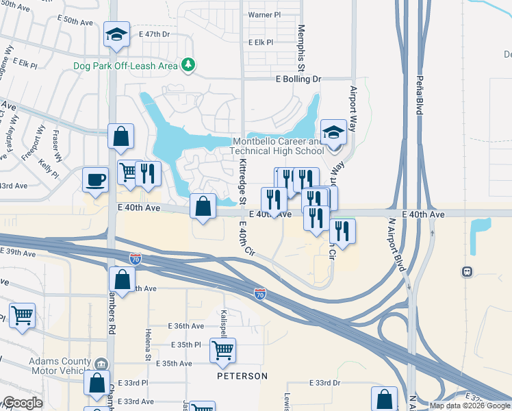 map of restaurants, bars, coffee shops, grocery stores, and more near 16001 East 40th Circle in Aurora