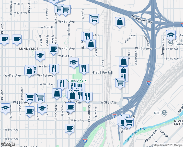 map of restaurants, bars, coffee shops, grocery stores, and more near 4038 Kalamath Street in Denver