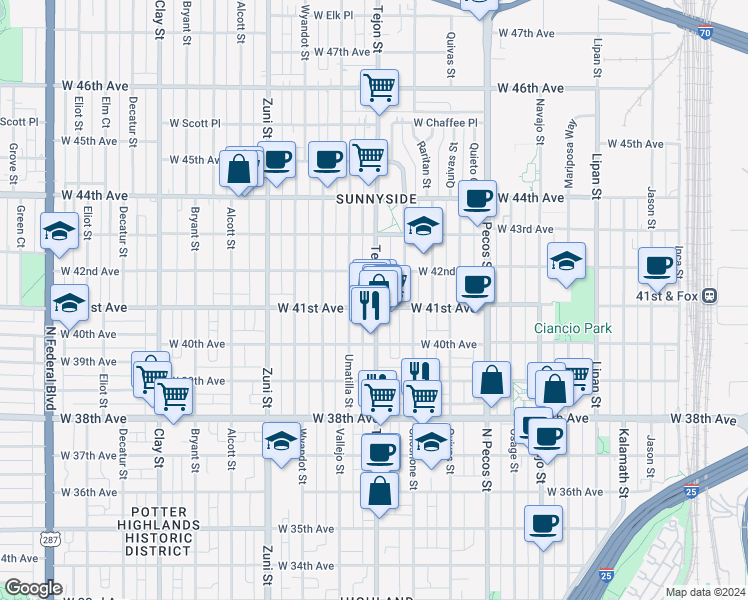 map of restaurants, bars, coffee shops, grocery stores, and more near 4040 Umatilla Street in Denver