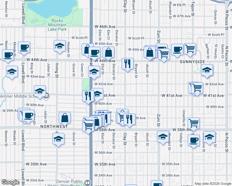 map of restaurants, bars, coffee shops, grocery stores, and more near 2776 West 41st Avenue in Denver