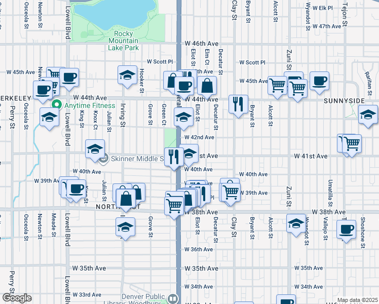 map of restaurants, bars, coffee shops, grocery stores, and more near 4030 Federal Boulevard in Denver