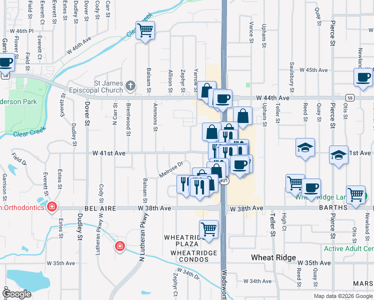 map of restaurants, bars, coffee shops, grocery stores, and more near 4040 Zephyr Drive in Wheat Ridge