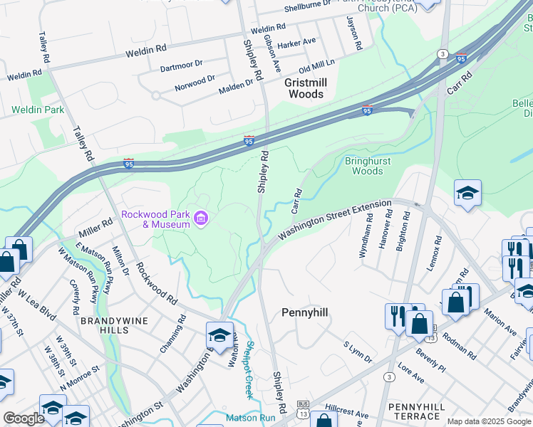 map of restaurants, bars, coffee shops, grocery stores, and more near 619 Shipley Road in Wilmington