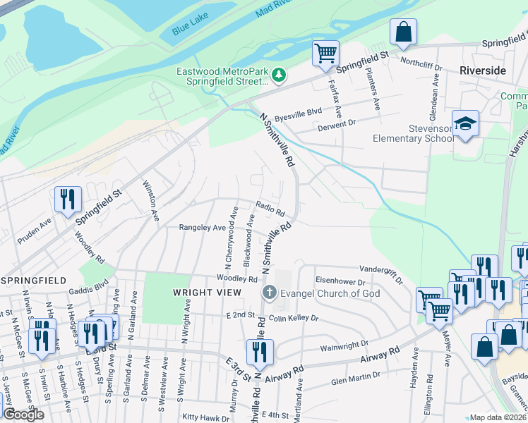 map of restaurants, bars, coffee shops, grocery stores, and more near 1709 Rangeley Avenue in Dayton