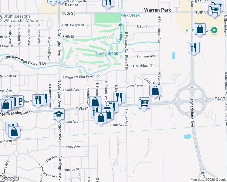 map of restaurants, bars, coffee shops, grocery stores, and more near 34 North Kenyon Street in Indianapolis