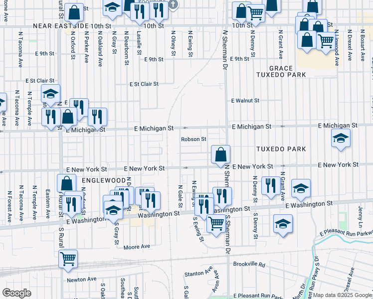 map of restaurants, bars, coffee shops, grocery stores, and more near 315 North Gale Street in Indianapolis