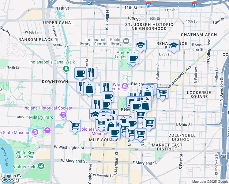 map of restaurants, bars, coffee shops, grocery stores, and more near 350 North Meridian Street in Indianapolis