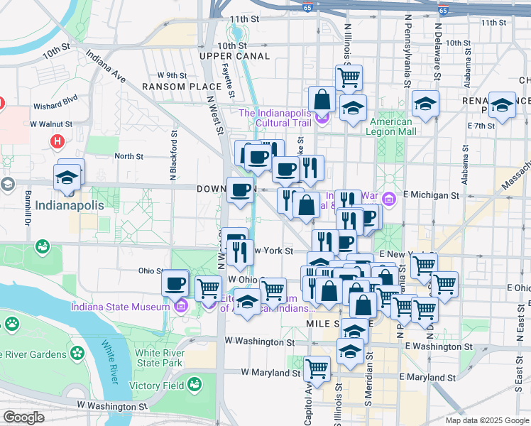 map of restaurants, bars, coffee shops, grocery stores, and more near 316w West New York Street in Indianapolis