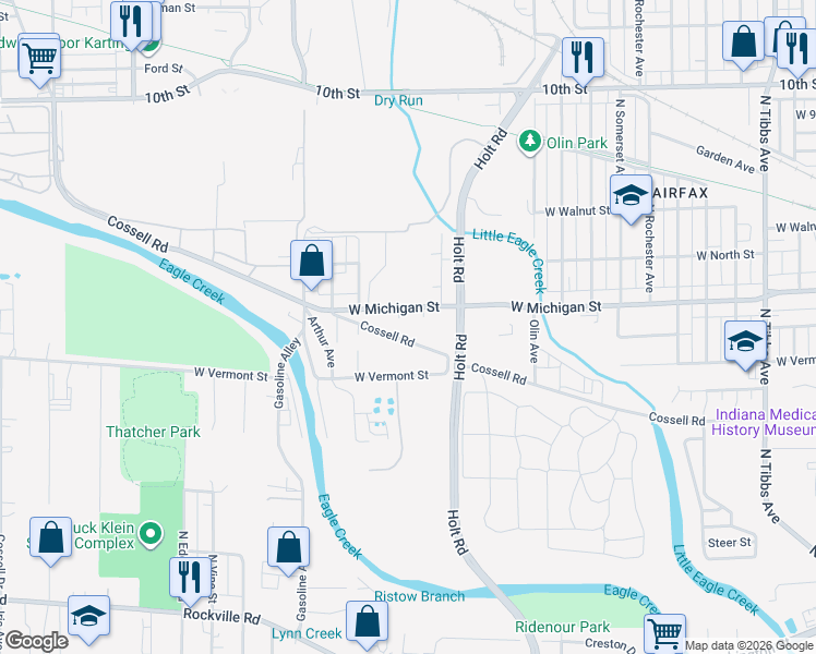 map of restaurants, bars, coffee shops, grocery stores, and more near 4031 Cossell Road in Indianapolis