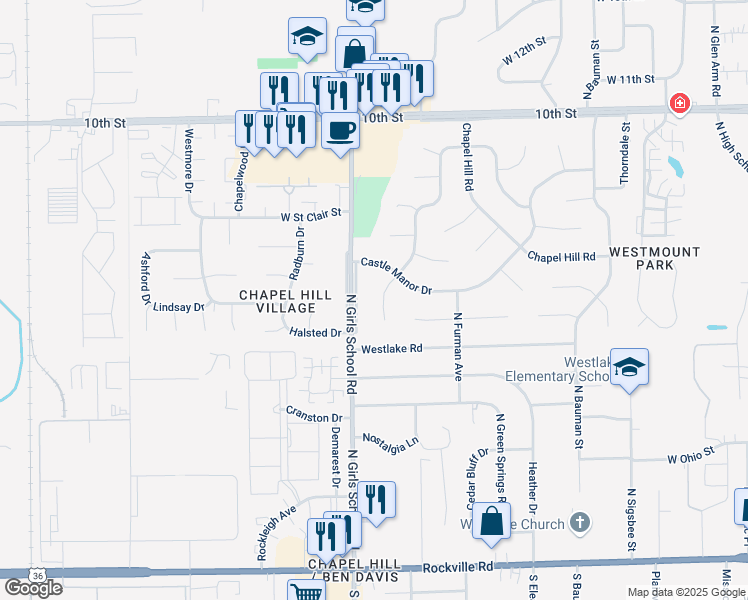map of restaurants, bars, coffee shops, grocery stores, and more near 429 Chapel Hill West Drive in Indianapolis