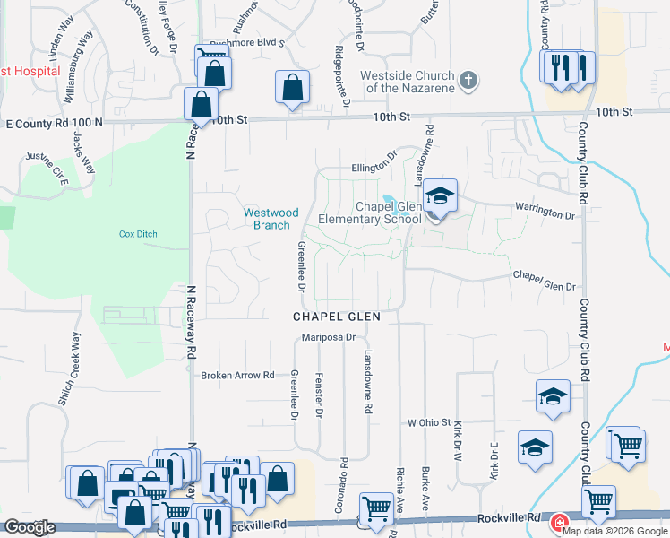 map of restaurants, bars, coffee shops, grocery stores, and more near 502 Verwood Court in Indianapolis