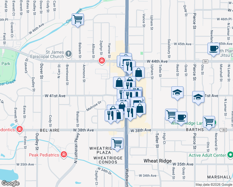 map of restaurants, bars, coffee shops, grocery stores, and more near 4045 Wadsworth Boulevard in Wheat Ridge