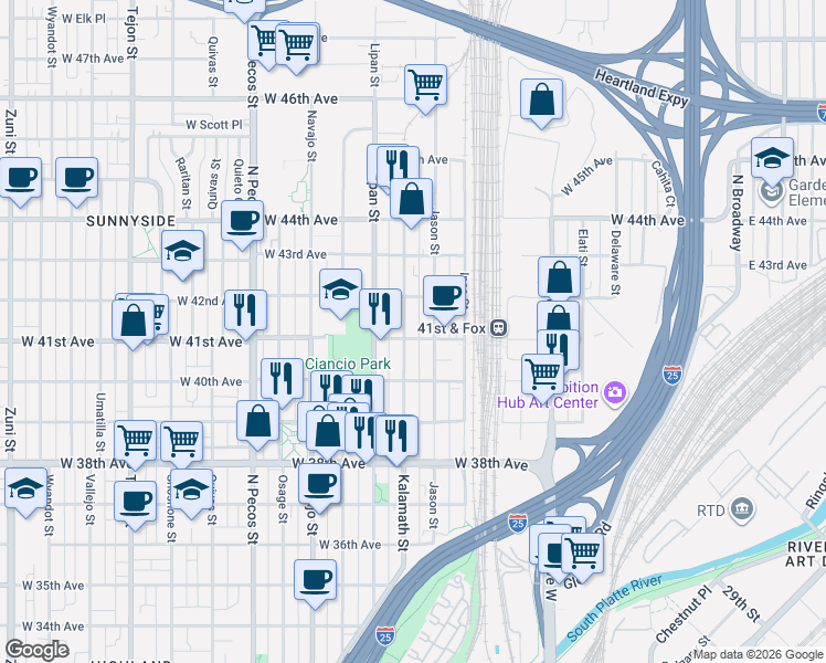 map of restaurants, bars, coffee shops, grocery stores, and more near 4038 Kalamath Street in Denver