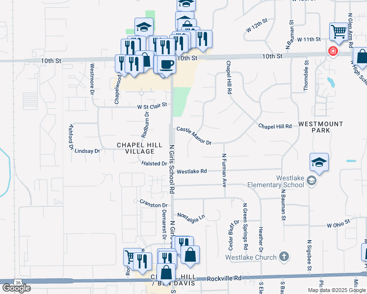 map of restaurants, bars, coffee shops, grocery stores, and more near 429 Chapel Hill West Drive in Indianapolis